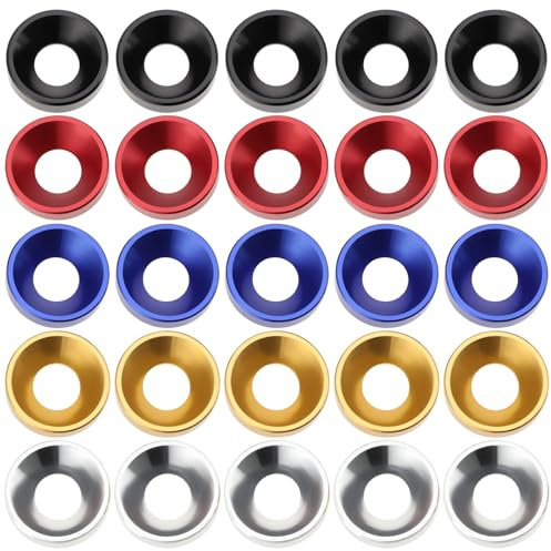 SG Store 25 PCS Arandelas Avellanadas M6 X 14 X 3,5 Mm Juntas Coloridas de Aleación de Aluminio Contiene 5 Piezas Cada Una de Negro/rojo/azul/plata/oro