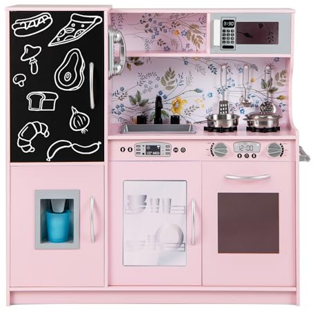 COSTWAY Kinderküche mit 10 Spielzubehör, Spielküche Kinder mit Tafel, Spielzeugküche mit Mikrowelle & Eismaschine & Geschirrspüler & Backofen, Holzküche für Kinder ab 3 Jahre (Weiß + Rosa)