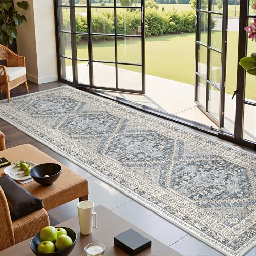 Restydon Küchenläufer, rutschfest, waschbar, 6,3 x 25,4 cm, Blau/Beige | Weicher, ultradünner Eingangs-Teppich für Flur, Teppichläufer für Wohnzimmer, Küche, Waschküche, Badezimmer