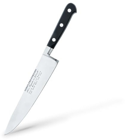 Cuchillo Cebollero Corto Simón PRO Forjado 20 cm - Cuchillo Profesional Multiusos para Cocina, Acero Resistente con Afilado a Mano, Funda de Piel Marrón Incluida,y Fabricado en España