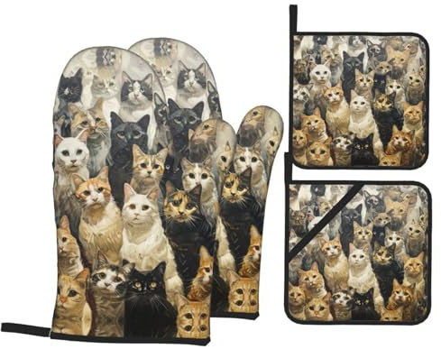 Guanti da cucina con stampa di gatto, 4 pezzi, guanti da forno e presine, resistenti al calore