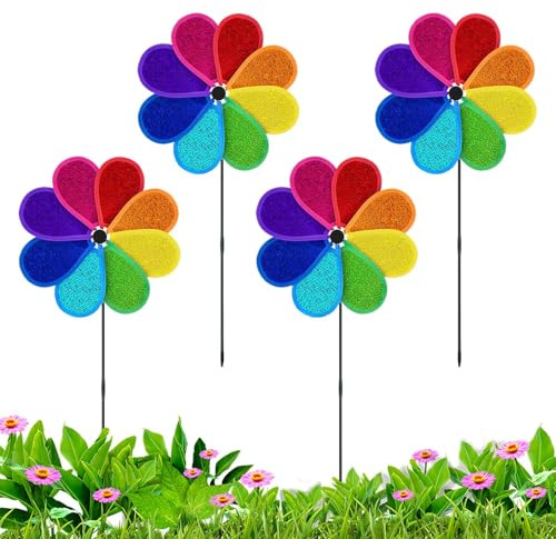 4PCS Colourful Flowers Windmill Spinner, Sparkly Rainbow Pinwheel, Reflective Pinwheels Garden Stake, Lawn Wind Spinners, for Children, for Garden Yard Lawn Decoration