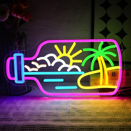 OYCGZV Strandflasche Neon Schild Tropische Palme Led Neonschild Wand Strand Neon Sign USB Led Schild für Schlafzimmer Bier Bar Cafe Club Geschäftlich Zuhause Kneipe Männerhöhle Party Hotel Dekor