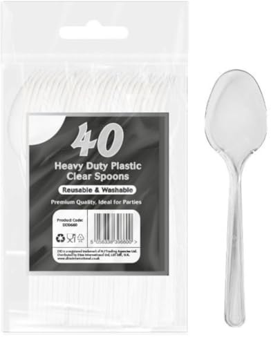 Party2u ® 40 Premium Designer Crystal Clear Spoons, Heavy Duty, Microwave-Safe Solid Tablefork, 6 Long Cutlery Set Reusable, Washable