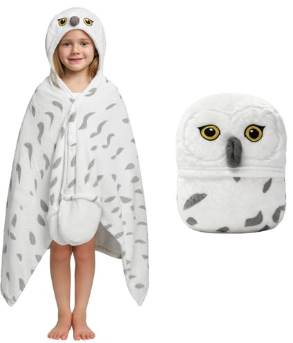 pewjury Decke mit Ärmeln und Kapuze, Schneeeule Decke mit Handschuhen, Tiermuster kuscheldecke flauschig, Kuschelige Flanell Geschenke Kuscheldecke für Frauen