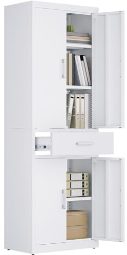 YITAHOME Aktenschrank, Aufbewahrungsschrank mit 3 verstellbaren Regalen, Büro Aktenschrank mit Schublade, Stahl Büro Schrank für Büro Küche Garage, 180H cm x 60W cm x 34D cm, Weiß