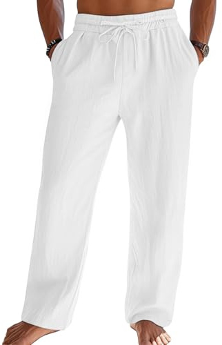 Litthing Pantalon Lin Homme Été Pantalon Jogging Décontracté Coupe Ample | Taille Élastiquée avec Cordon de Serrage, Poches Latérales et Arrière pour Plage Vacances
