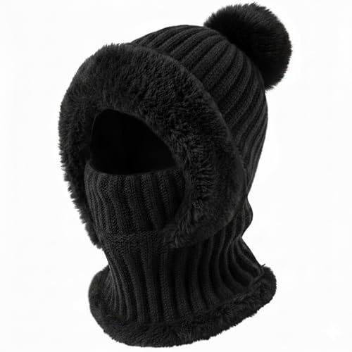 DRESHOW Vintermössa med Halsvärmare för Kvinnor Stickad Balaclava-huva Vindskyddad Balaclava med Pompom för Vinteraktiviteter Utomhus