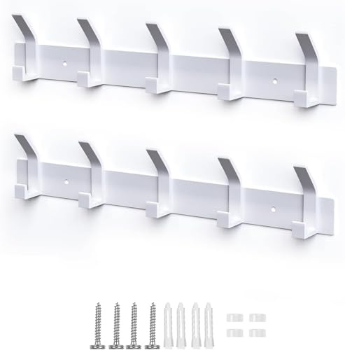 Fiteber 2 Stück Wandgarderobe, Kleiderhaken, Wandgarderobe aus Metall | Garderobenhaken Mantel, Handtuchhaken, Wandhalterung, Hakenleiste Garderobe für Hüte, Jacken, Schals (5 Haken, Weiß)