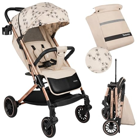 TULANO Lagos 35 Kinderwagen Buggy Klein Zusammenklappbar - Reisebuggy mit Liegefunktion - mit Trolley-Funktion und Zubehör - Flugzeug & Handgepäck - Baby Buggy bis 15 kg - Beige/Schwarz