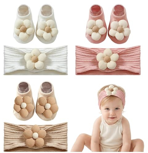 KAKALATLJ 3 Pack Baby Hair Bands Toddler Socks Set, Soft Non Slip Newborn Socks Flower Newborn Hair Bands for Girls, Bows Toddler Hair Accessories Baby Socks with Stretchy for 0-12 Months