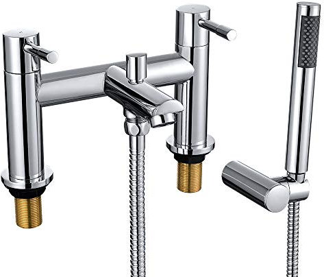 WasserRhythm Bath Mixer Taps with Shower Attachment Bathroom Tub Filler Tap Dual Lever Mixers Mono Monobloc Two Holes Chrome Brass 2 in 1 Bathtub Faucet with Handheld Shower Modern Deck Mounted