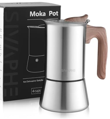 Sivaphe4 cups Stainless Steel Stovetop Espresso Coffee Maker | Induction Support 10 oz Intalian Moka Pot | Durable Cuban Coffee Maker 200ml(1 Cup=50ml)