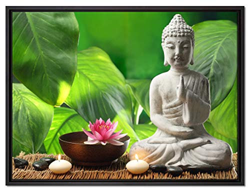 Pixxprint Seerose Buddha Statue Leinwandbild 80x60 cm im Bilderahmen, Wandbild, Schattenfugenrahmen, Kein Poster