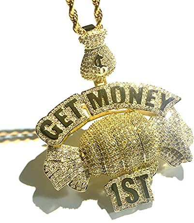 ICEDIAMOND 14K Kreative Get Money First Inspirierende Halskette, Iced Out Helle CZ Diamant Großer Anhänger mit 24'' Seilkette, Vergoldeter Hip-Hop-Schmuck für Männer