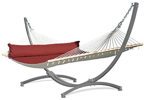 Potenza Outdoor Hängematte mit Verzinkter Gestell für 2 Personen I Panama - Stabhängematte XXL 210x140, 200kg I Hängemattengestell 220kg, wetterfest (Rot, Gestell Grau)