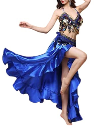 CSSOL Femmes Adultes Costume Danse du Ventre 2022 Sexy Scène Performance Vêtements Danse 3 Pièces Ensemble Soutien-Gorge Ceinture Longue Jupe Inde Oriental Danse du Ventre Accessoires Jupe,Bleu,L