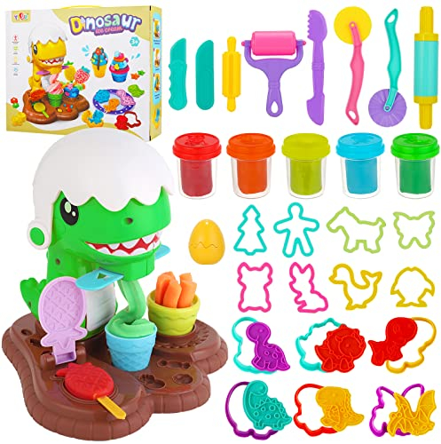 Herefun Knete Zubehör Set, Kitchen Creations Knetwerkzeug für Kinder mit 5 Knete, Kinderknete mit Zubehör, Dinosaurier Küche Knete Dough Set für Kinder ab 4+ Jahre Weihnachten Geburtstag Geschenk