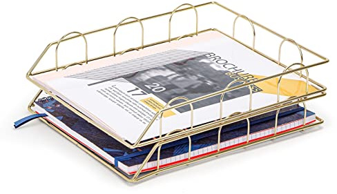 EXERZ Clasificadores De Papel 2PCS / Bandejas Apilables/Organizador De Escritorio/Porta Archivos - Multifuncional para Oficina, Escuela, Estudio (Oro)