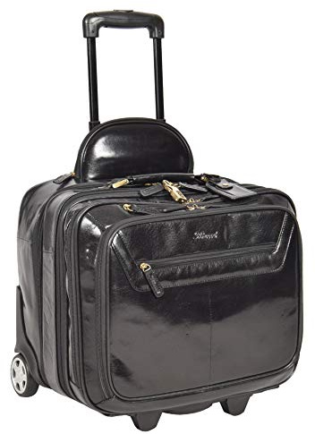 HOL15 - Funda de piel auténtica para ordenador portátil con ruedas, mango telescópico, Black, L, Estuche piloto con ruedas