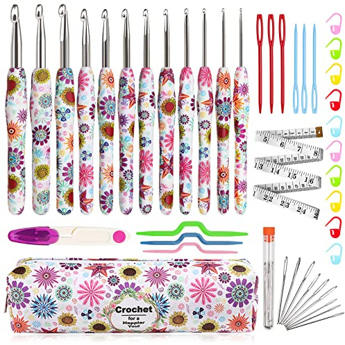 Aeelike Crochet Hooks Set, Soft Grip Ergonomic Crochet Hooks Set with Case | 12 Size 2.25mm-8mm, Metal Crochet Hooks with Pretty Floral Handle, Comfort Grip Crochet Hooks for Arthritic Hands & Beginners