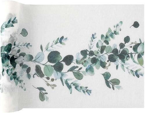 Tischläufer Tischdecke Tischband mit Eukalyptus Blättern Botanical Natural Living in weiß & grün Tisch-Dekoration Frühling Sommer Ostern Hochzeit 3 Rollen = 9m