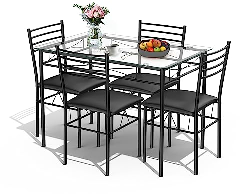 COSTWAY 5-teiliges Esstisch-Set, Esstisch mit Glasplatte, Essgruppe mit gepolstertem Stuhl, Küchentisch mit 4 Stühlen, Sitzgruppe für Esszimmer, Küche, platzsparend