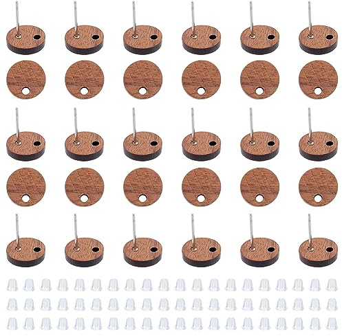 HOBBIESAY 30pcs Boucles d'oreilles Bois Noyer Pointes de Boucles d'oreilles Plates et Rondes Boucles d'oreilles en Bois avec épingle en Acier Inoxydable pour la Fabrication de Bijoux de Boucles