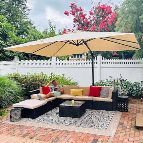 PURPLE LEAF Parasol Déporté 3 x 4 m Rectangulaire avec Manivelle, Parasol de Jardin Extérieur Cadre en Aluminium avec 8 Baleines, Toile 240 g/m² Protection UV 50+, Inclinable et Rotatif 360°, Beige