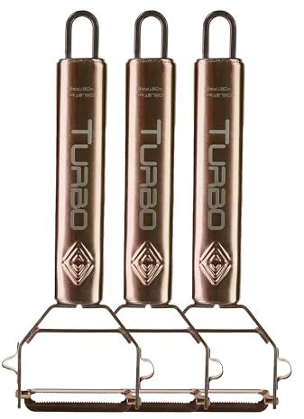 TURBO PRODUKTE Éplucheur Rosé en acier inoxydable pour fruits et légumes - avant et arrière avec lame pendulaire pour gauchers et droitiers - 3 en 1