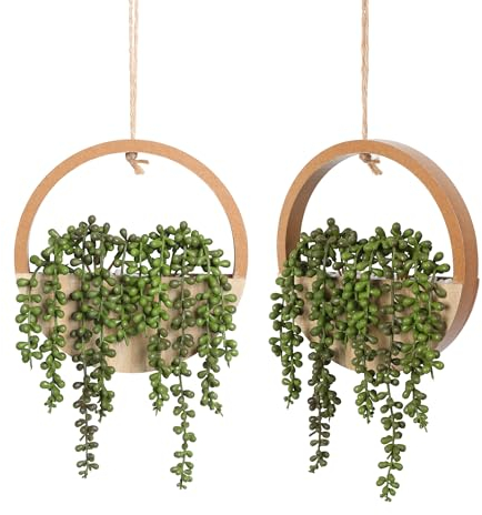 Floweroyal 2pcs Artificial Succulents Hanging Plants 12.2'' Fake String of Pearls in Pot with 8.3'' Lanyard for Indoor Outdoor Wall Decor（Wood Color）.