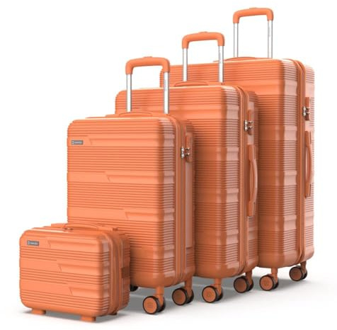 NUMADA - Juego de Maletas de Viaje 4 pzs Upfly T10 ABS. Cabina 55x40x20, Mediana 60L, Grande 78L y Neceser Compartimentado | Naranja