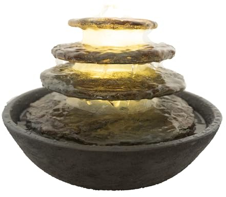 Dehner Zimmerbrunnen Hoku, Brunnen mit LED Beleuchtung, ca. Ø 24.5 cm, Höhe 16.5 cm, Polyresin, dunkelgrau
