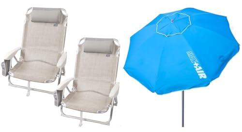 AKTIVE 62262 - Pack de 2 sillas Plegables multiposición para Playa, jardín, terraza o Camping Beige & 62239 - Sombrilla Playa Grande Antiviento Ultrarresistente/Mástil inclinable
