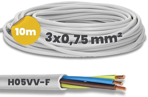 Kalitec 10m H05VV-F 3x0,75 mm² Schlauchleitung - PVC Stromkabel Weiß | Flexibles Lampenkabel 3G0,75 mm2 mit Schutzleiter - 3-adriges Elektrokabel für Innenräume - HAR-zertifizierte Leitung