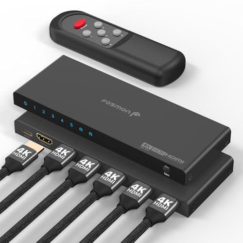 Fosmon Conmutador HDMI 4K 60Hz 3 Puertos Manual 3x1 Hub con Mando | Compatible con PS5, Xbox X/S, Apple TV, Proyector, Laptop, y PC. High Speed 18Gbps HDCP 2.2 Selector para TV