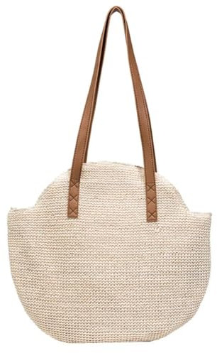 HESHUYAN Strohtasche Sommer Runde Stroh Taschen Frauen Rattan Unterarm Schulter Tasche Handgemachte Gewebte Strand Handtaschen Große Kapazität Reise Totes Runde Strohtasche(White)