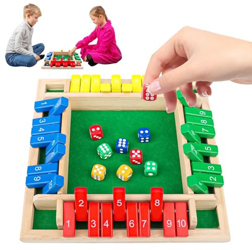 TOSAVGA Shut The Box, Shut The Box 4 Spieler, Würfelspiel aus Holz, Klassisches Holz Brettspiel mit 8 Würfe, Mathematik Lernspielzeug, Klappbrett Spiel für Partys, Kinder und Erwachsene