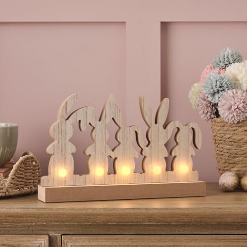 Lights4fun Lapins de Pâques en Bois de 30 cm avec 5 LED Blanc Chaud à Piles et Minuterie Décoration de Table pour l’Intérieur