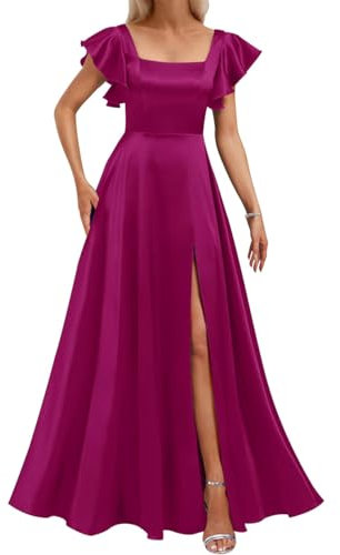 Vestido de princesa de manga corta para dama de honor con bolsillos, vestido de graduación, vestido formal de satén para fiesta de noche, ZM158, fucsia, 60 Grande