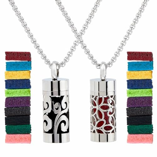 SUPERFINDINGS Collar de aceite esencial de 2 estilos con 10 almohadillas de perfume intercambiables de fieltro de acero inoxidable 316, difusor de aceite, colgante de botella de aromaterapia, collares