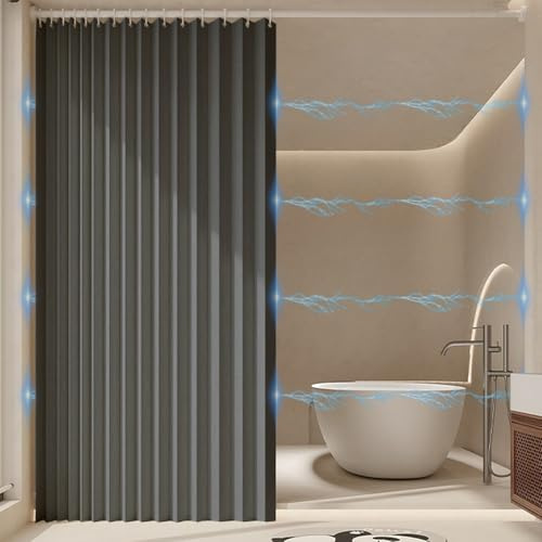 Haoyunll Faltbarer Wasserdichter Duschvorhang Anti-Schimmel mit Haken, Dicker Stoff-Duschvorhang Textil, Waschbar Magnetische Duschvorhänge für Badezimmer, 280 g/m², Grau, 120x200cm