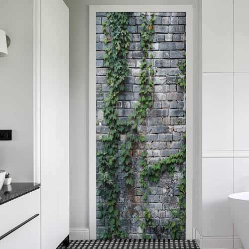 Adesivi per Porte Interne Edera Adesivo Porta Interna Muro di Mattoni Grigi 3D Murale Decorazione Camera Da Letto Bagno Poster Porta Autoadesivo Carta Da Parati 80x210 cm 2265a