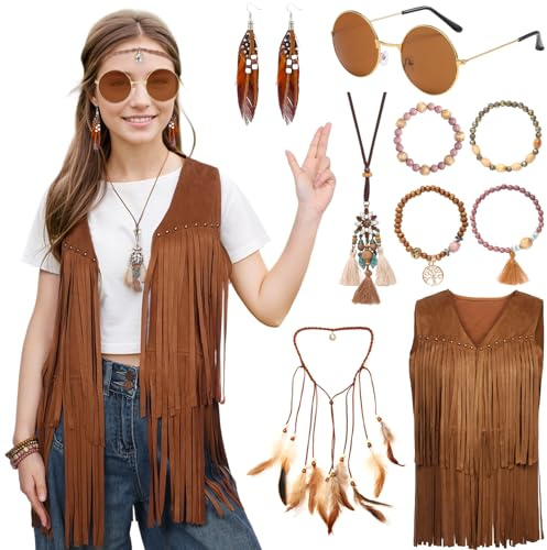 Matreeglam Costume hippie pour femme - Gilet hippie des années 60 et 70 - Vêtements hippie pour femme et fille - Avec gilet à franges disco bohème, lunettes de soleil - Accessoires pour Halloween