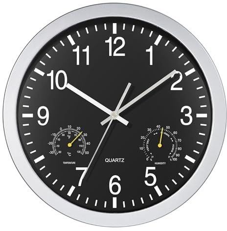 AYRELY® Wanduhr 30 cm lautlos mit Temperatur- & Luftfeuchtigkeitsanzeige – Moderne, batteriebetriebene Wanduhr in Schwarz für Wohnzimmer, Schlafzimmer, Küche oder Badezimmer(Schwarz, 12)