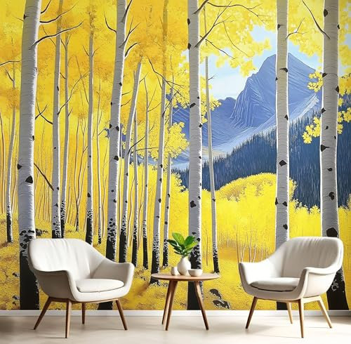 3D Fotomurale Murales Autunno Bosco Pioppi Carta da Parati Panoramica 300×210cm Foglie Gialle Cadute Fotomurali Tessuto Non Tessuto Decorazione Parete Poster Camere da Letto Soggiorno Pareti Murale