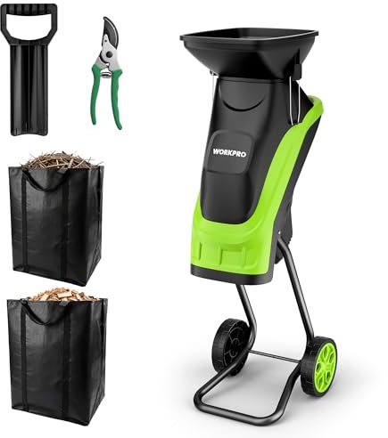 WORKPRO Electric Garden Shredder with Pruning Shears, 2500W Mulcher 44 mm Fresh Branch Cutting Diameter Wood Chipper with 4300 RPM Speed, 2 x 45 L Collection Bag, Garden Waste Shredder
