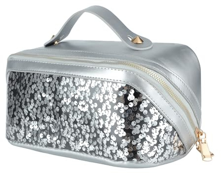KEYPOWER Travel Makeup Bag,Makeup Organizer Bag,Toiletry Bag,Large Capacity with Glitter Sequin Cosmetic Bag,Open Flat Toiletry Bag Make up Organizer with Divider and Handle, Silver, Large Capacity