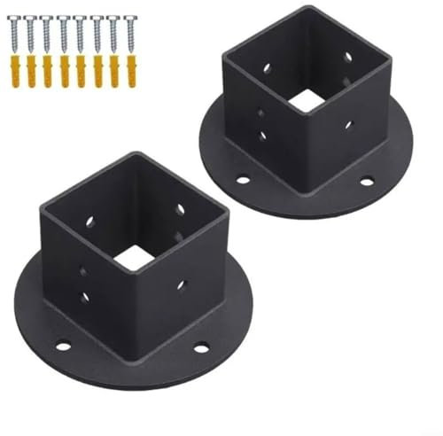 2x2 Metal Post Anchor Base Kit, Black Coated Heavy-Duty Flange Brackets for Pergolas/Decks/Fences, Includes 2 Bases + 8 Screws & Expansion Pipes, Pre-Drilled Holes for Concrete/Wall Mounting