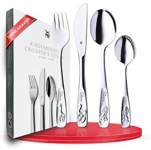 WMF Kinderbesteck mit Gravur 4-teilig - Tiere Motiv - Personalisiertes Kinderbesteck Edelstahl, Kinder Besteck Set ab 3 Jahre, Cromargan poliert, Universalverpackung